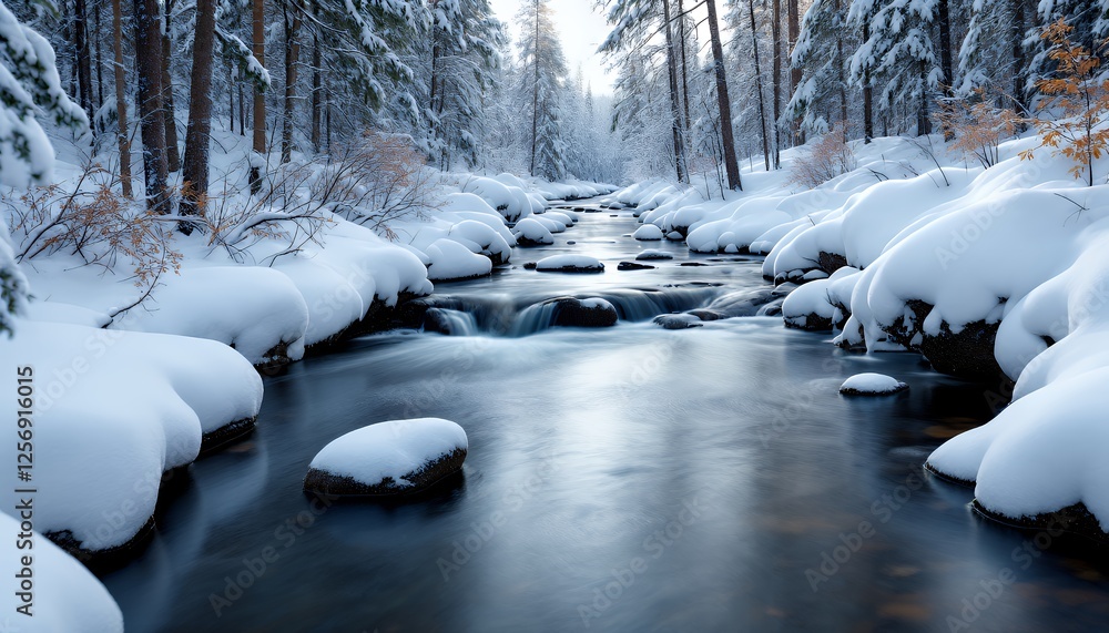 Poster snowy scene a tranquil peaceful creek flowing scene reflecting the surrounding with a snowy environm