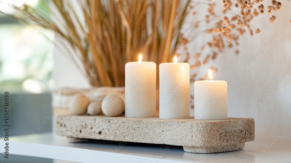 Poster minimalist home decor featuring three white candles on stone base with natural elements : generative