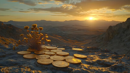 Desert sunset, coins, plant, growth, financial future