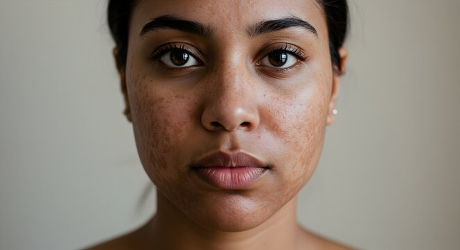 A confident young woman with visible skin imperfections showing self love