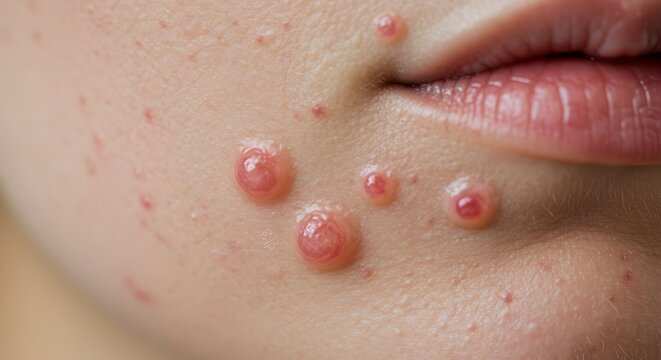 Close-up of face affected by viral skin infection showing pus-filled blisters