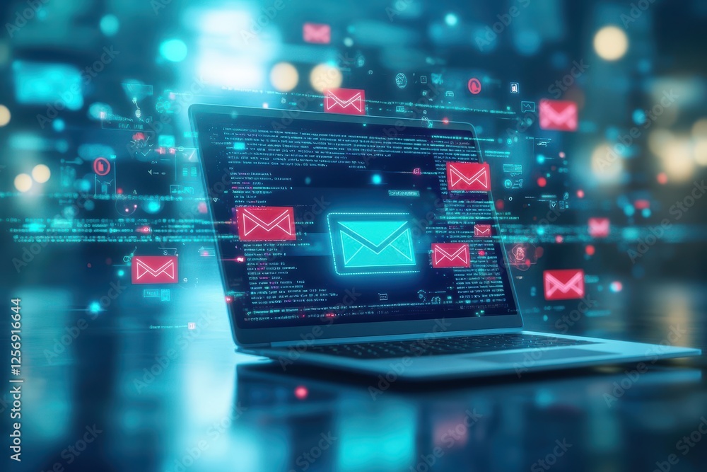 Poster Laptop displaying multiple email icons on the screen representing digital communication and connectivity