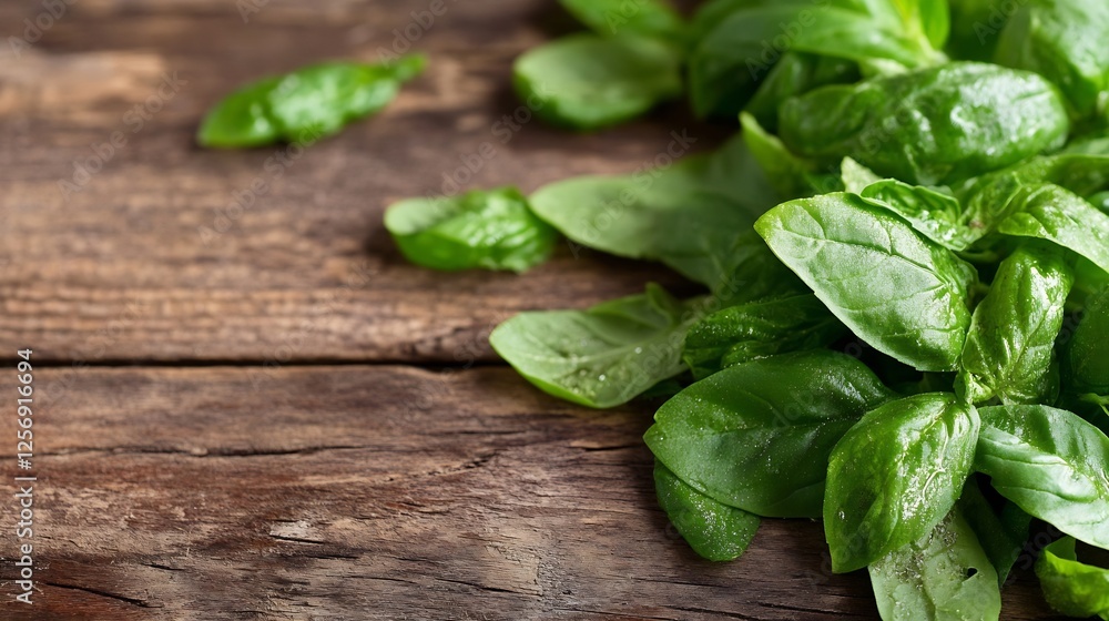 Poster Fresh green basil leaves arranged elegantly on a rustic wooden table emphasizing their vibrant color and texture : Generative AI