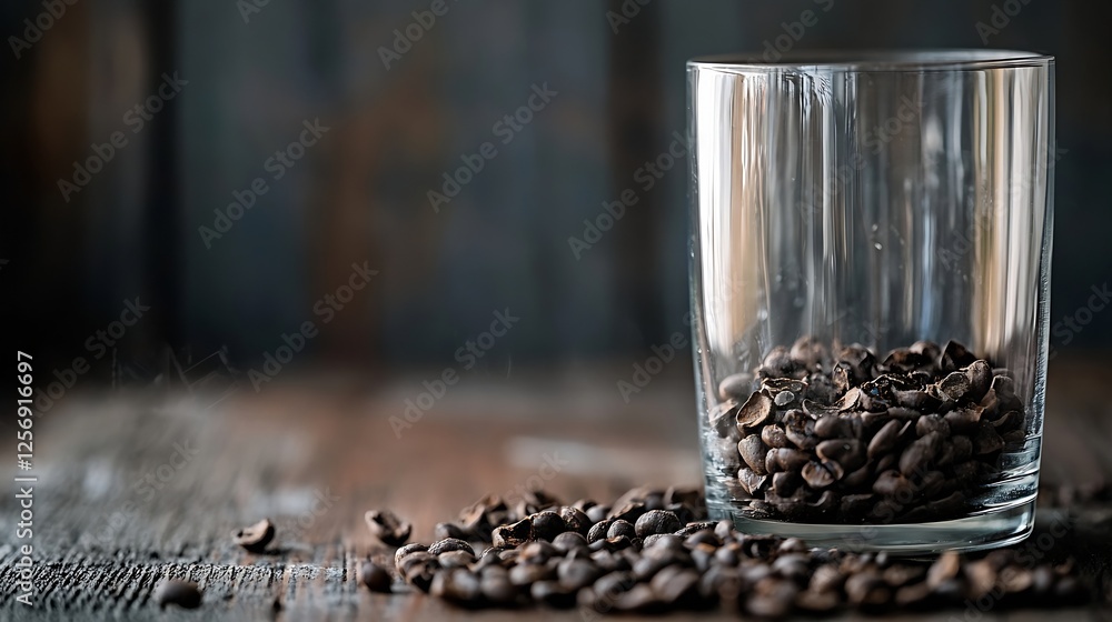 Poster a minimalist composition showcasing coffee beans spilled around an empty glass on a vintage wooden s