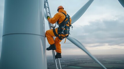 Engineer Securely Climbing an Internal Ladder Inside a Wind Turbine Wearing Full Personal Protective Equipment and an Orange Protective Suit with Warm Golden Light Enhancing the Atmospheric Scene
