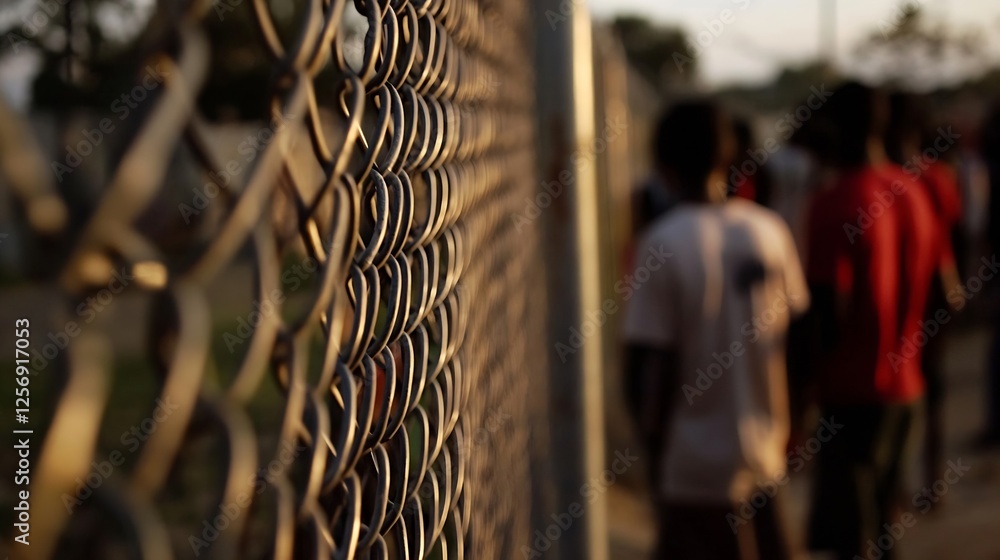 Poster a blurred view of a chain link fence with several figures in the background standing in line symboli