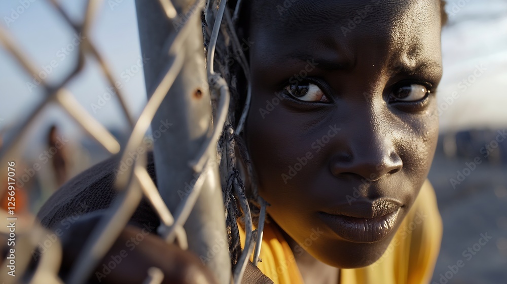 Aufkleber close up portrait of a young girl gazing through a fence with a piercing expression signifying hope 