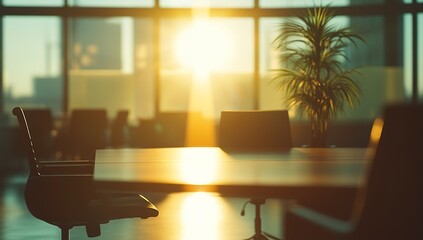 Office Sunset: Golden Hour Illuminates Empty Conference Room, Modern Workspace with Plants, Tranquil Atmosphere