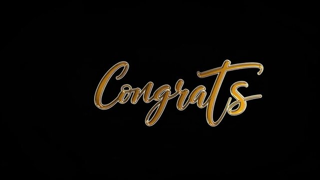Elegant script 'Congrats' text animation on a black background, viewed from a front-facing angle, with a shimmering gold effect. Video.