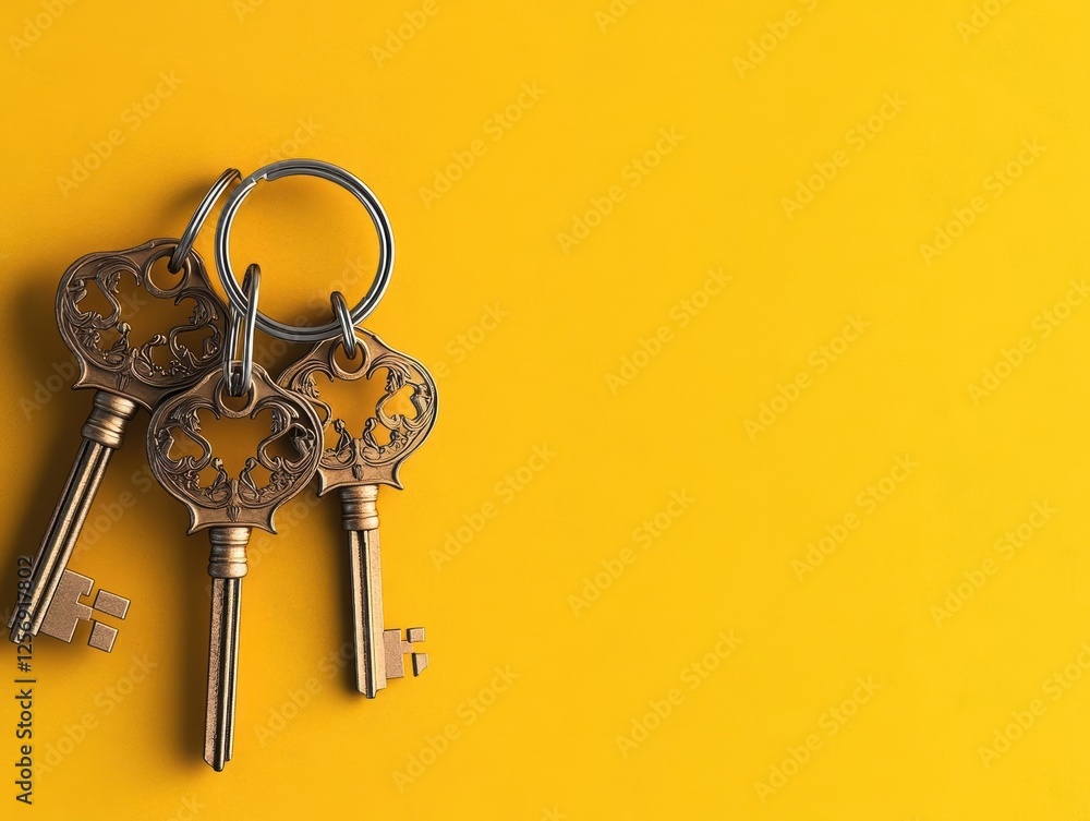 Aufkleber Two keys placed on a vibrant yellow background creating a contrasting and eye-catching image