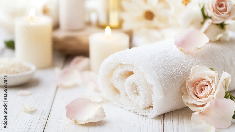 Poster relaxing spa setup with candles and beautiful roses creating a peaceful atmosphere for wellness : ge
