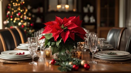 An indoor setting with a beautiful poinsettia plant, its radiant red petals and green foliage catching the light, bringing warmth and color to a festive table arrangement.