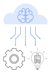 Cloud brain linked with digital lines, accompanied by a gear and lightbulb. Ideal for AI, machine learning, data analytics, innovation, creativity, technology solutions, abstract line flat metaphor