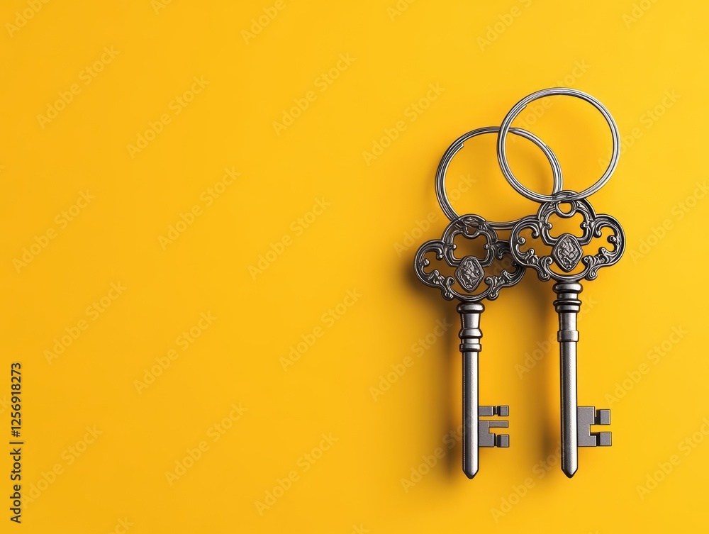 Poster Bunch of keys arranged on a bright yellow background creating a vibrant and colorful composition