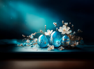Elegant Easter display with glistening blue eggs nestled among delicate white blossoms and branches under a soft, dreamy blue light.