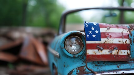 Historic vintage car adorned with an American flag symbolizing nostalgia and patriotism : Generative AI
