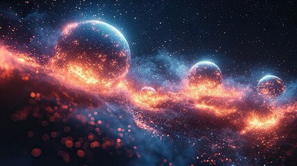 Vibrant cosmic scene depicting glowing planets amidst swirling nebulae and stardust