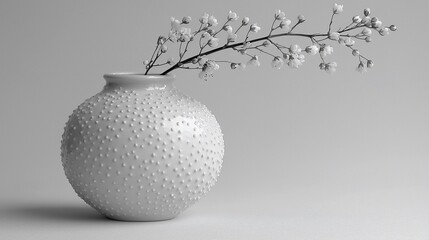 White vase with flowering branch, minimalist studio backdrop, serene spring scene, website decoration