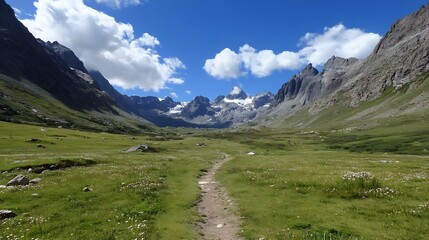 Majestic Mountain Valley with a Winding Path Surrounded by Tall Peaks Under a Blue Sky : Generative AI