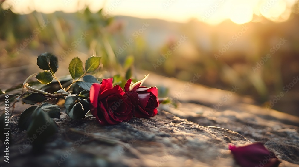 Poster roses on stone surface with sunlight in the background at dusk : generative ai