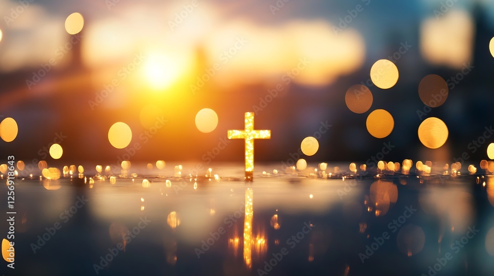 Aufkleber sunset view with cross silhouette and soft bokeh lights in the background : generative ai