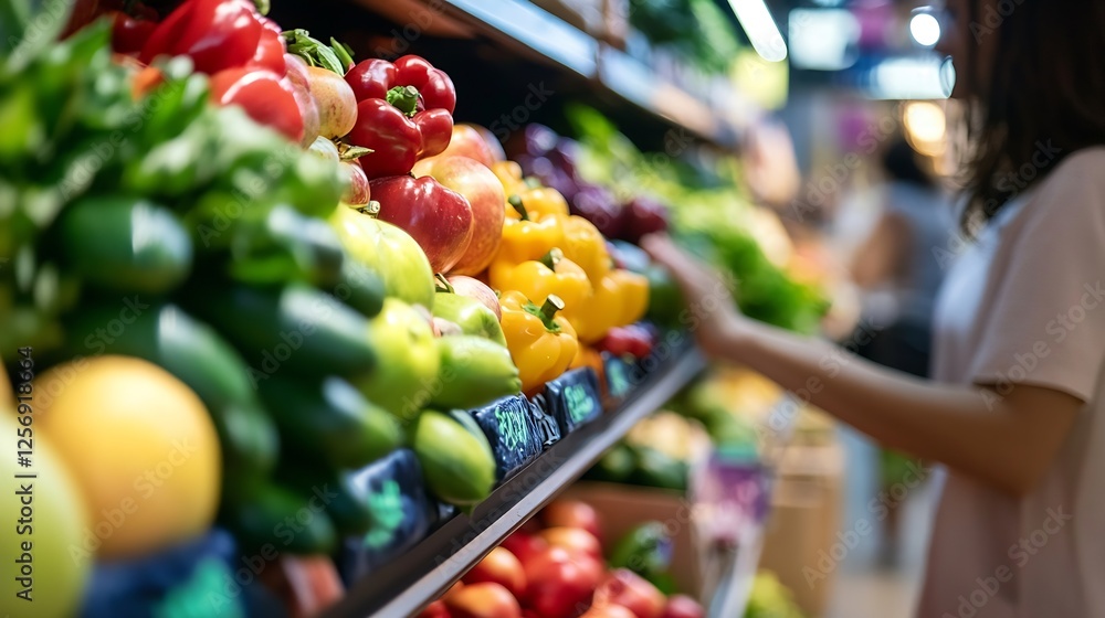 Poster fresh rainbow of fruits and vegetables on display at a local grocery store attracting healthy eaters