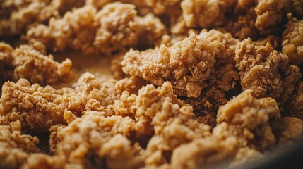 A close-up top view of a bucket filled with crispy fried chicken, capturing every crunchy detail. Perfect for fast food advertising.