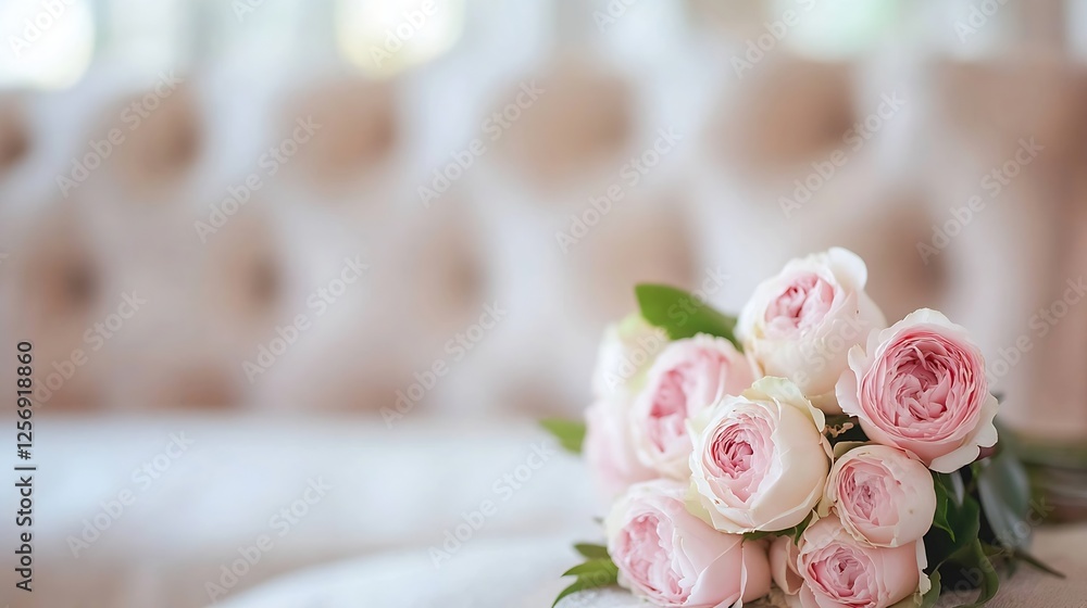 Poster beautiful bouquet of pink roses resting elegantly on a vintage couch in a bright and inviting space 