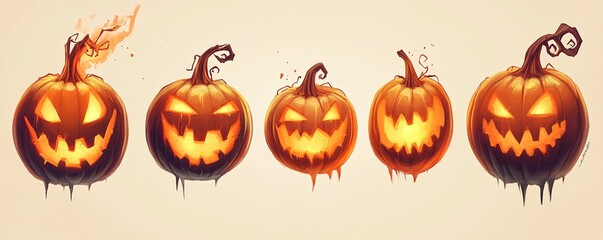 Five scary halloween pumpkins with glowing eyes are melting on a light background