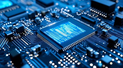 Obraz premium Closeup view of a modern circuit board with glowing components showcasing technology in electronics : Generative AI