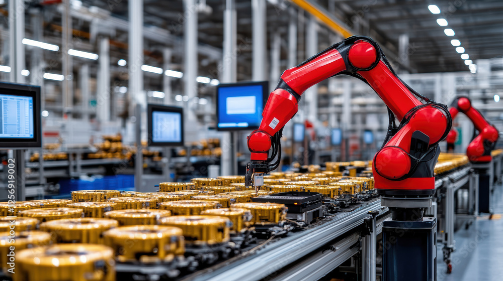 Poster robotic arm assembling products in modern smart factory environment