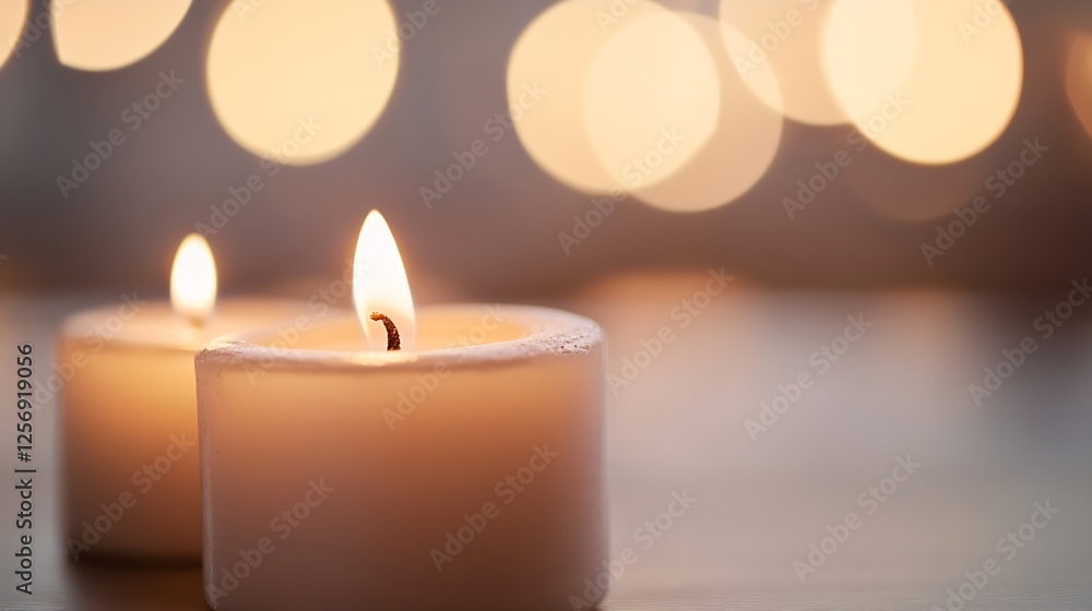 Aufkleber two lit white candles glowing softly with a warm bokeh background for relaxation and ambiance : gene