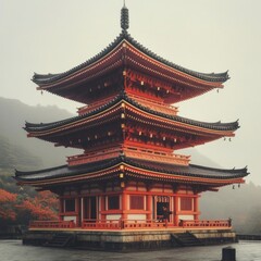 a traditional Japanese pagoda, showcasing its intricate, multi-tiered roof with elegant upward curves. The red and gold accents gleam under a moody, overcast sky, while soft ambient lighting enhances 