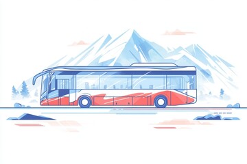 Colorful City Bus Illustration Surrounded by Scenic Mountains