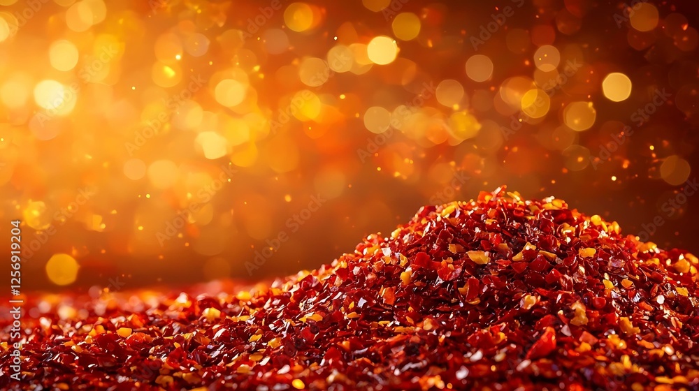 Aufkleber red fiery condiment vibrant red spices on a sparkling golden background with soft bokeh effect