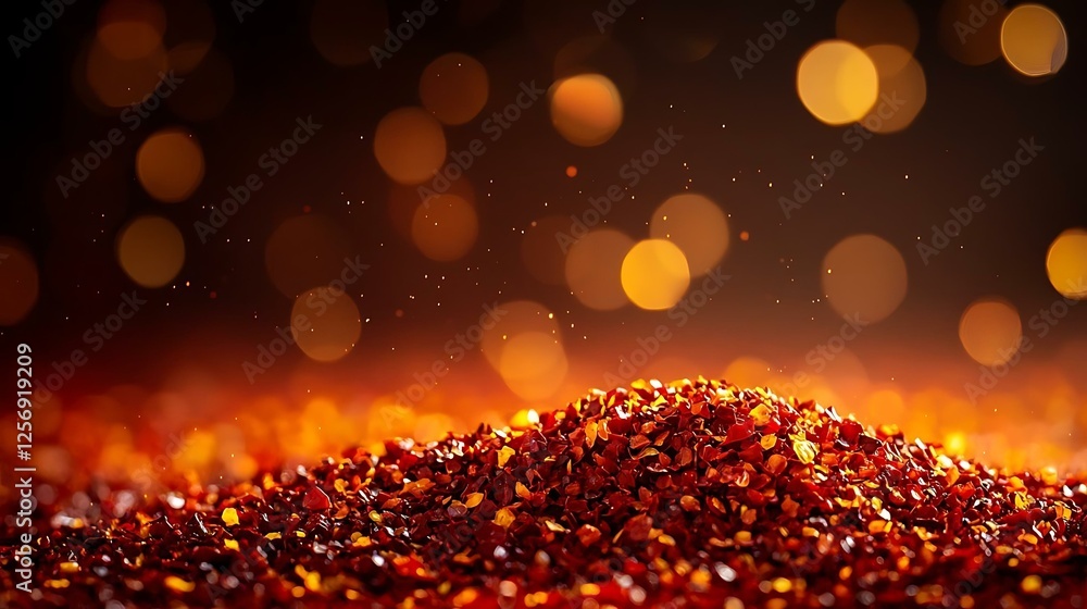 Poster red fiery condiment dazzling display of red spice granules with soft warm bokeh background for culin