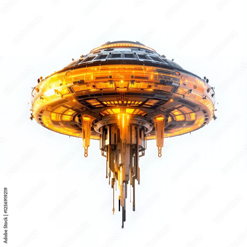 Poster the flying saucer a dazzling illumination in metallic construction above a white background futurist