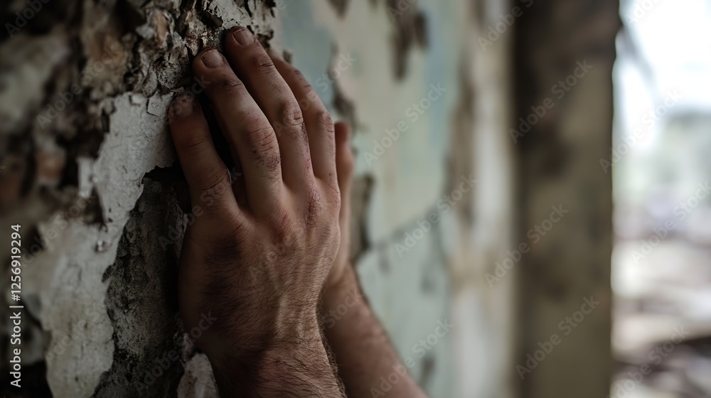 Poster closeup of hands touching textured crumbling wall in an abandoned building environment : generative 