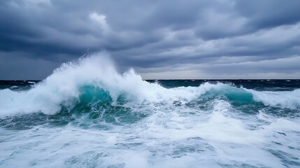 Fototapeta premium Powerful ocean waves crashing against the shore under a dramatic cloudy sky : Generative AI