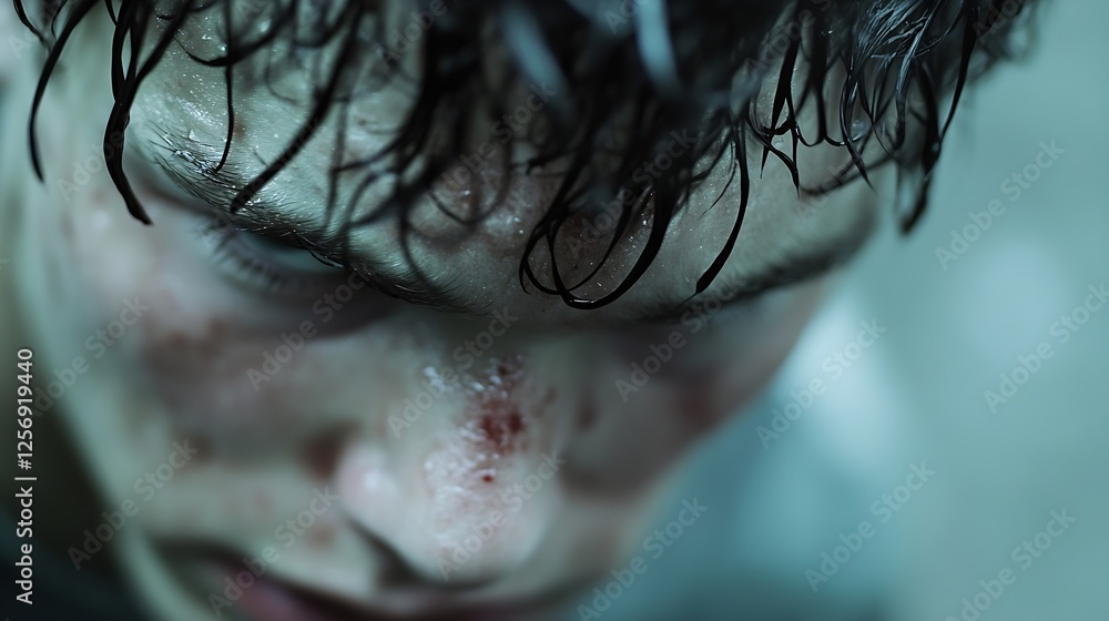 Poster close up portrait of a troubled young man showing emotional distress and scars from a rough experien