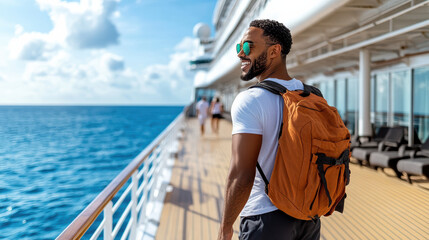 traveler smiles while boarding luxurious cruise ship by ocean