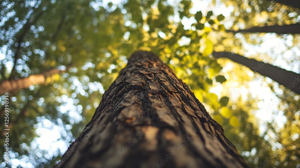 Poster Looking up a towering tree trunk with sunlight filtering through lush green leaves in a serene forest : Generative AI