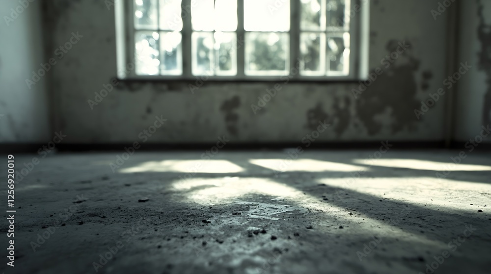 Poster spooky abandoned room showcasing a dusty floor and sunlight filtering through cracked windows : gene