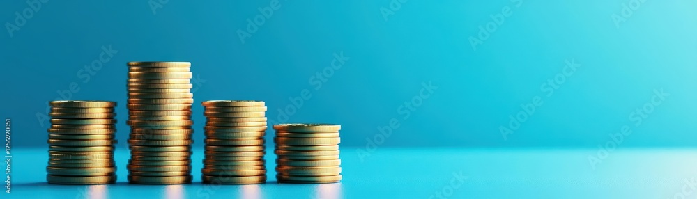 Poster stacks of coins arranged on a blue background for financial concepts and investment themes