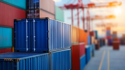 Close Up View of Colorful Shipping Containers Stacked at a Busy Port During Sunset : Generative AI