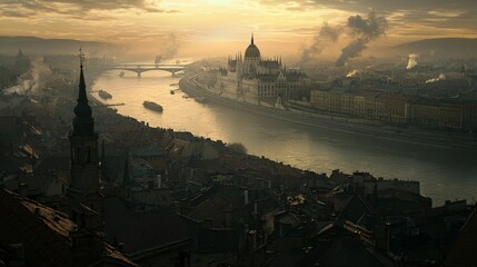 Fototapeta premium Serene Sunset Over the Danube River with Iconic Parliament Building and Urban Landscape in Budapest, Hungary