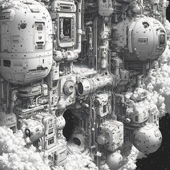 Monochromatic Space Station: A Detailed Depiction of a Futuristic Spacecraft Amidst Clouds