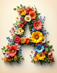 letter, A, floral, flowers, vibrant, colorful, artistic, elegant, design, organic, natural, red, yellow, pink, blue, white, blooms, green, leaves, accents, beige, background, soft, texture, warm, i