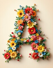 letter, A, floral, flowers, vibrant, colorful, artistic, elegant, design, organic, natural, red, yellow, pink, blue, white, blooms, green, leaves, accents, beige, background, soft, texture, warm, i
