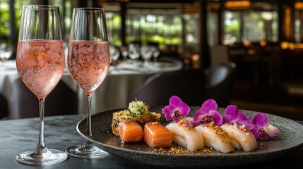 Gourmet sushi platter and ros? drinks in fine dining restaurant